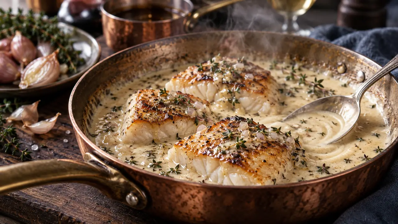 Sauces au vin blanc : sauce crémeuse nappant poisson en poêle cuivre