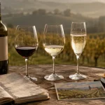 Vin gaillac mas de grouze : verres et bouteille sur table, vignoble en fond