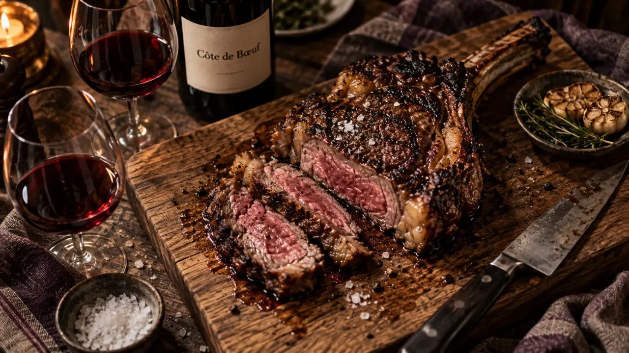 Vin rouge cote de boeuf et côte de bœuf grillée