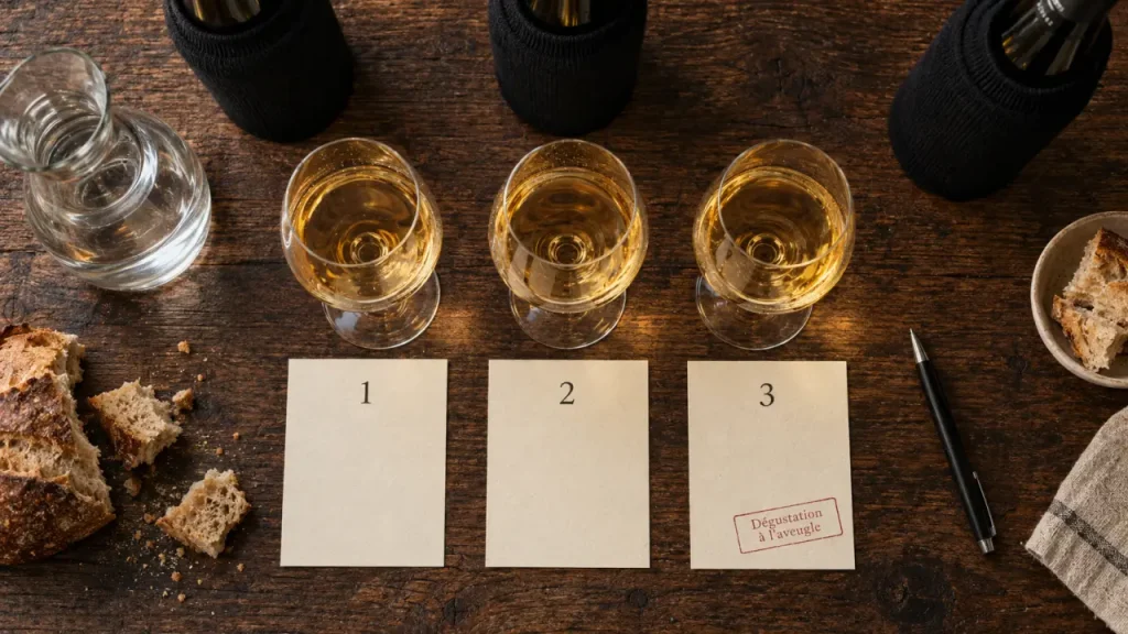 Dégustation à l’aveugle : fiches numérotées et verres ambrés sans étiquette