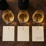Dégustation à l’aveugle : fiches numérotées et verres ambrés sans étiquette