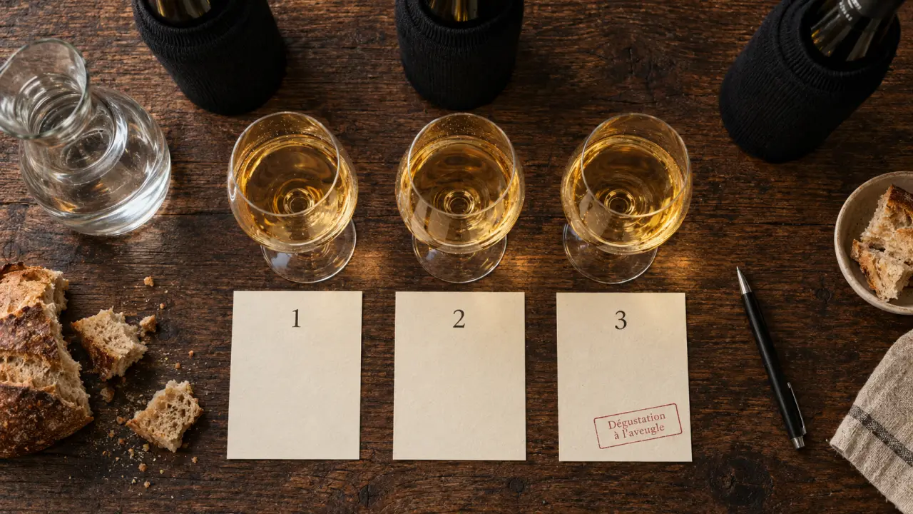 Dégustation à l’aveugle : fiches numérotées et verres ambrés sans étiquette