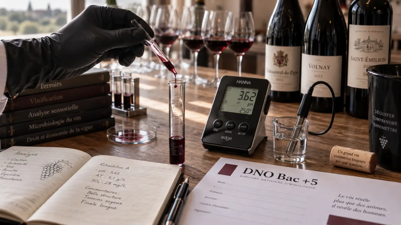 Diplome oenologie : dégustation, pH-mètre, vin rouge en préparation