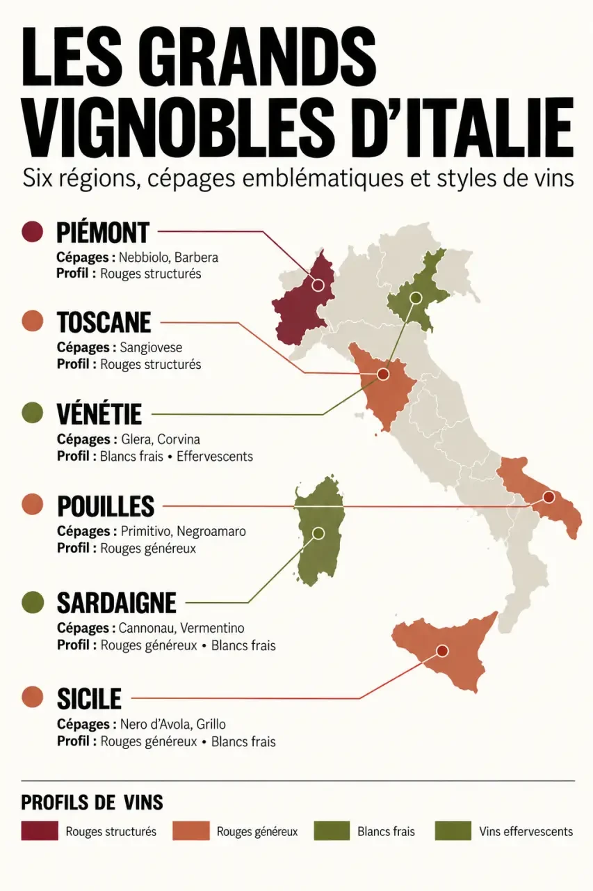Vins Italie : infographie des six grandes régions viticoles et de leurs profils