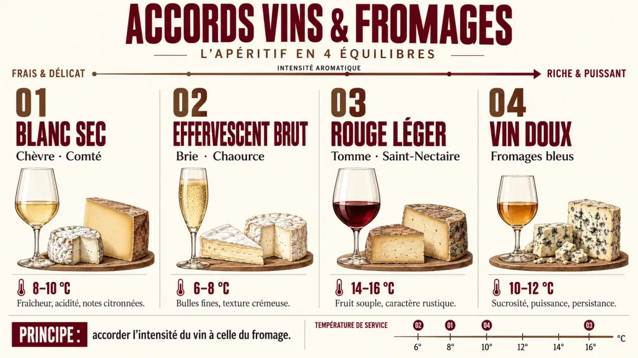 Guide pour accorder les vins et les fromages pour un apéritif avec les principaux accords en infographie