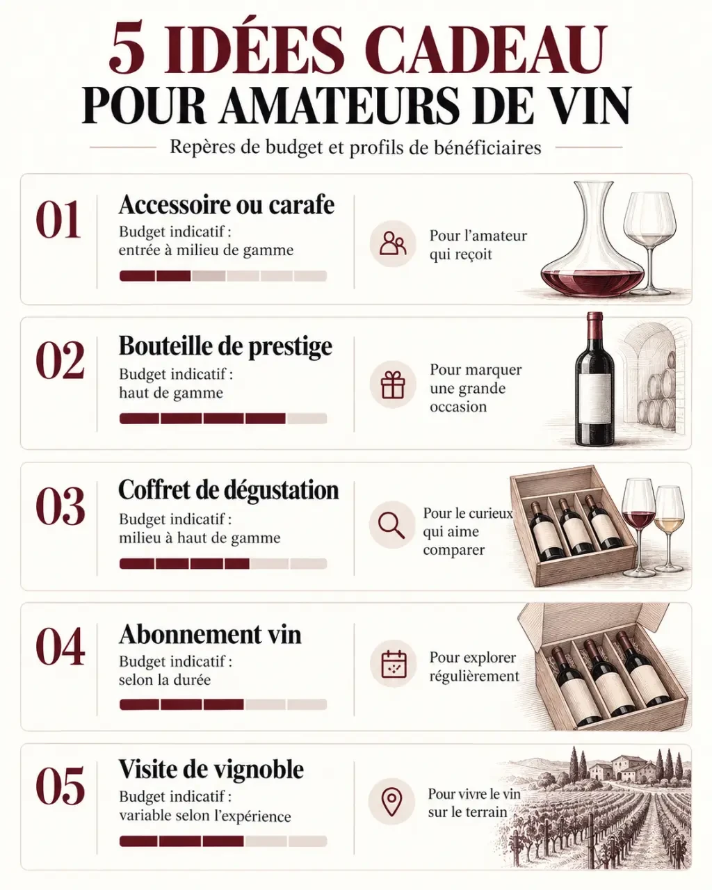 Infographie des formats et budgets pour choisir un cadeau œnologie