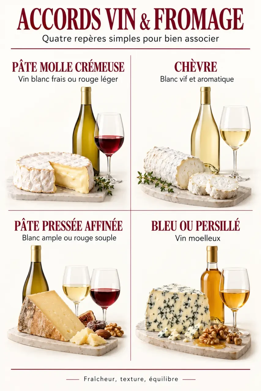 Panier cadeau vin fromage avec infographie des accords entre types de fromages et styles de vins