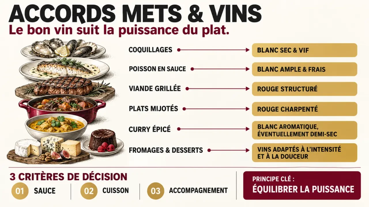 Tableau des accords mets et vins selon le plat, la sauce, la cuisson et la puissance