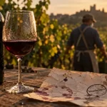 Film sur le vin : bouteille sombre, verre et terroir viticole