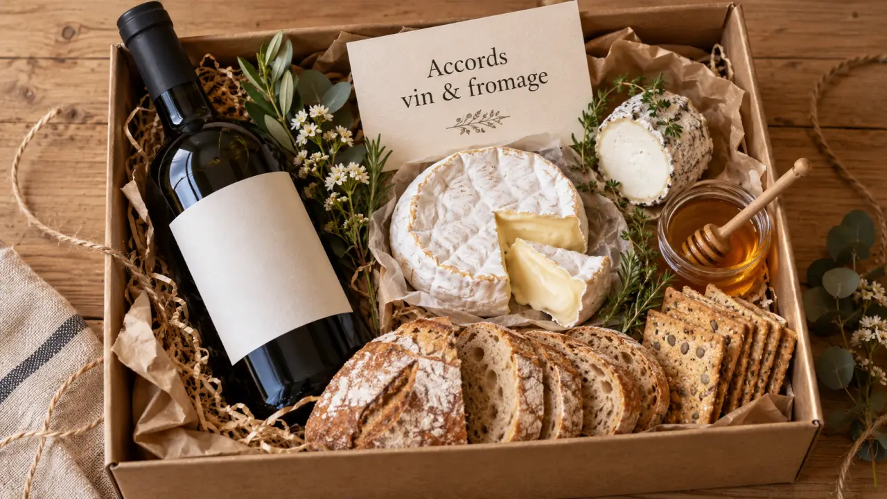 Panier cadeau vin fromage : bouteille, fromages et pain pour un accord frais