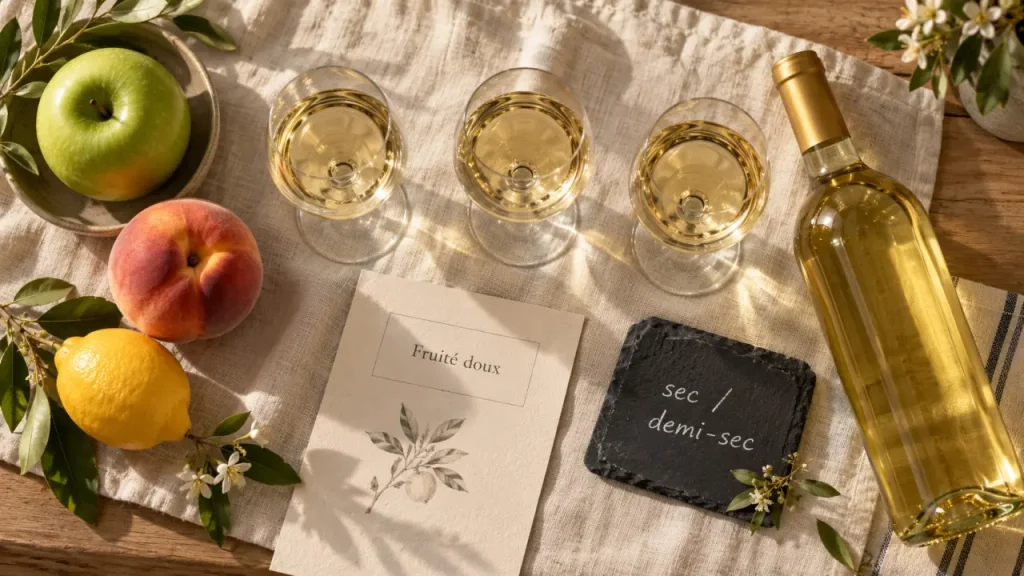 Vin blanc fruité doux : verres, bouteille, fruits et échelle sec/demi-sec