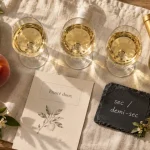 Vin blanc fruité doux : verres, bouteille, fruits et échelle sec/demi-sec